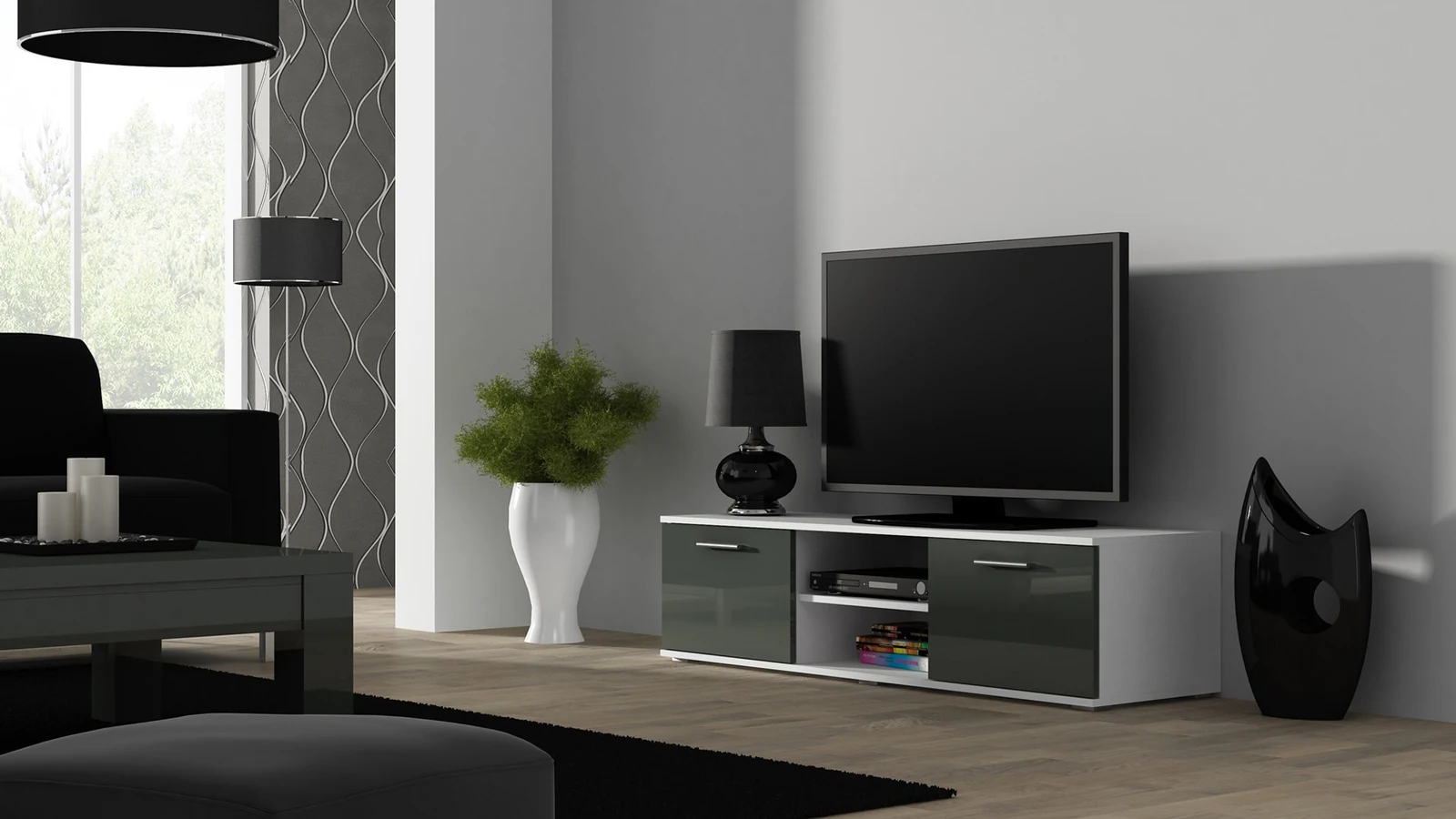 Szafka RTV SOHO 140 biały/szary połysk — zdjęcie 1 z 3
