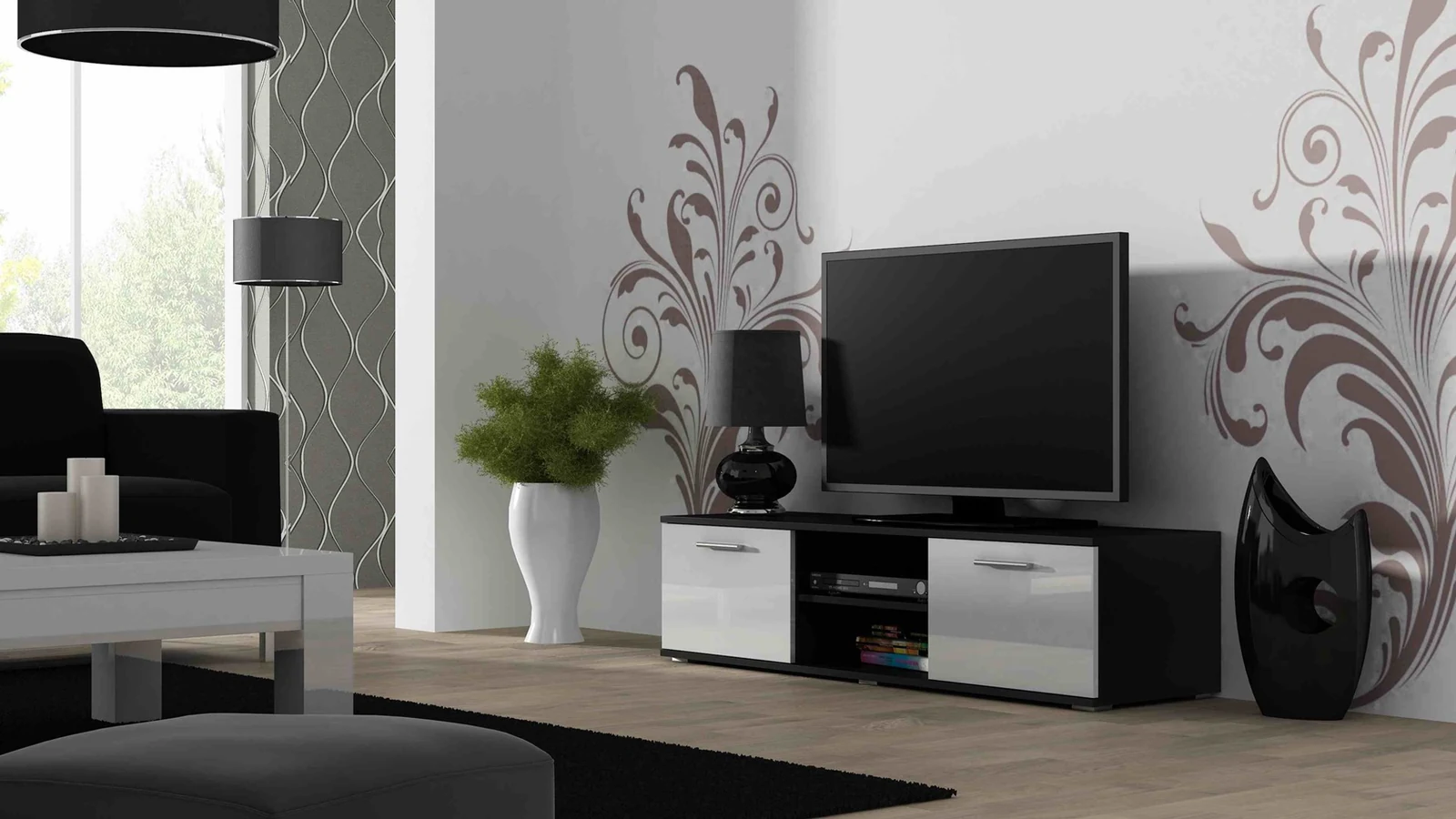 Szafka RTV SOHO 140 czarny/biały połysk — zdjęcie 1 z 3