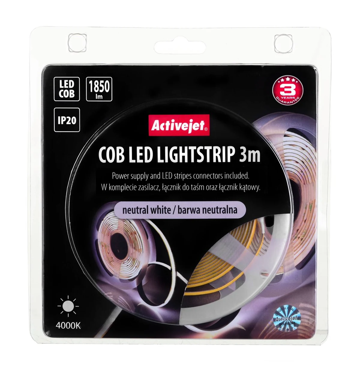 Taśma LED COB 3m IP20 z zasilaczem