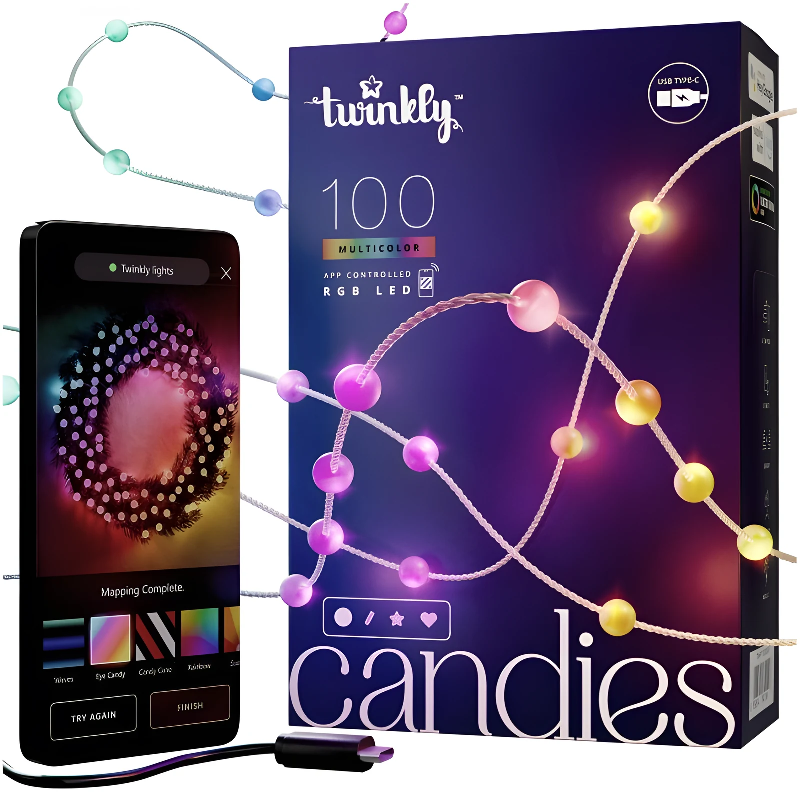 Twinkly Candies – 100 Lampki w kształcie pereł RGB LEDs, zielony przewód, USB-C — zdjęcie 1 z 7