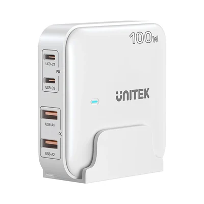 Ładowarka biurkowa UNITEK GAN 100W, 2x USB-A, 2x USB-C, biała
