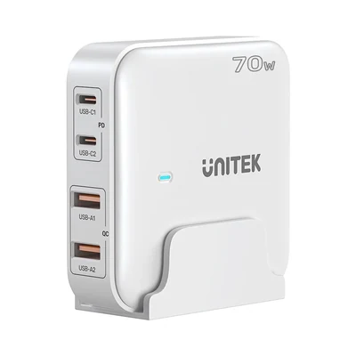 Ładowarka biurkowa UNITEK GAN 70W, 2x USB-A + 2x USB-C, biała