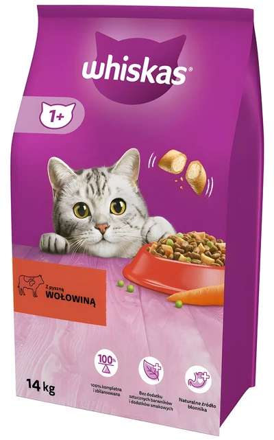 Sucha karma WHISKAS z wołowiną - 14 kg dla kotów