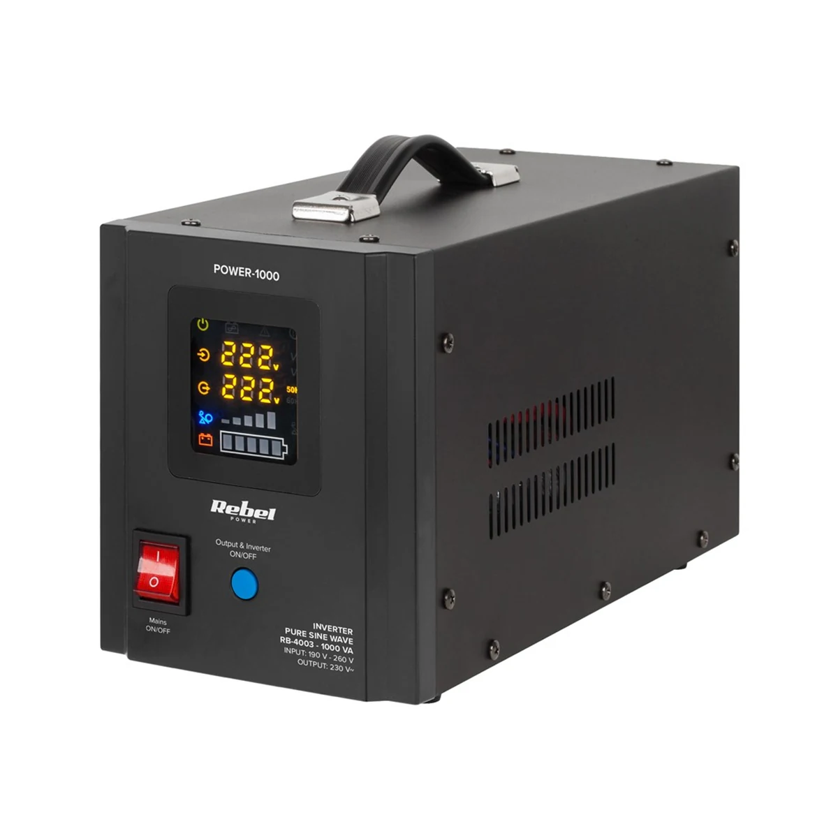 Zasilacz awaryjny Rebel POWER-1000 - UPS z czystą sinusoidą, 1000VA/700W, ładowanie 12V