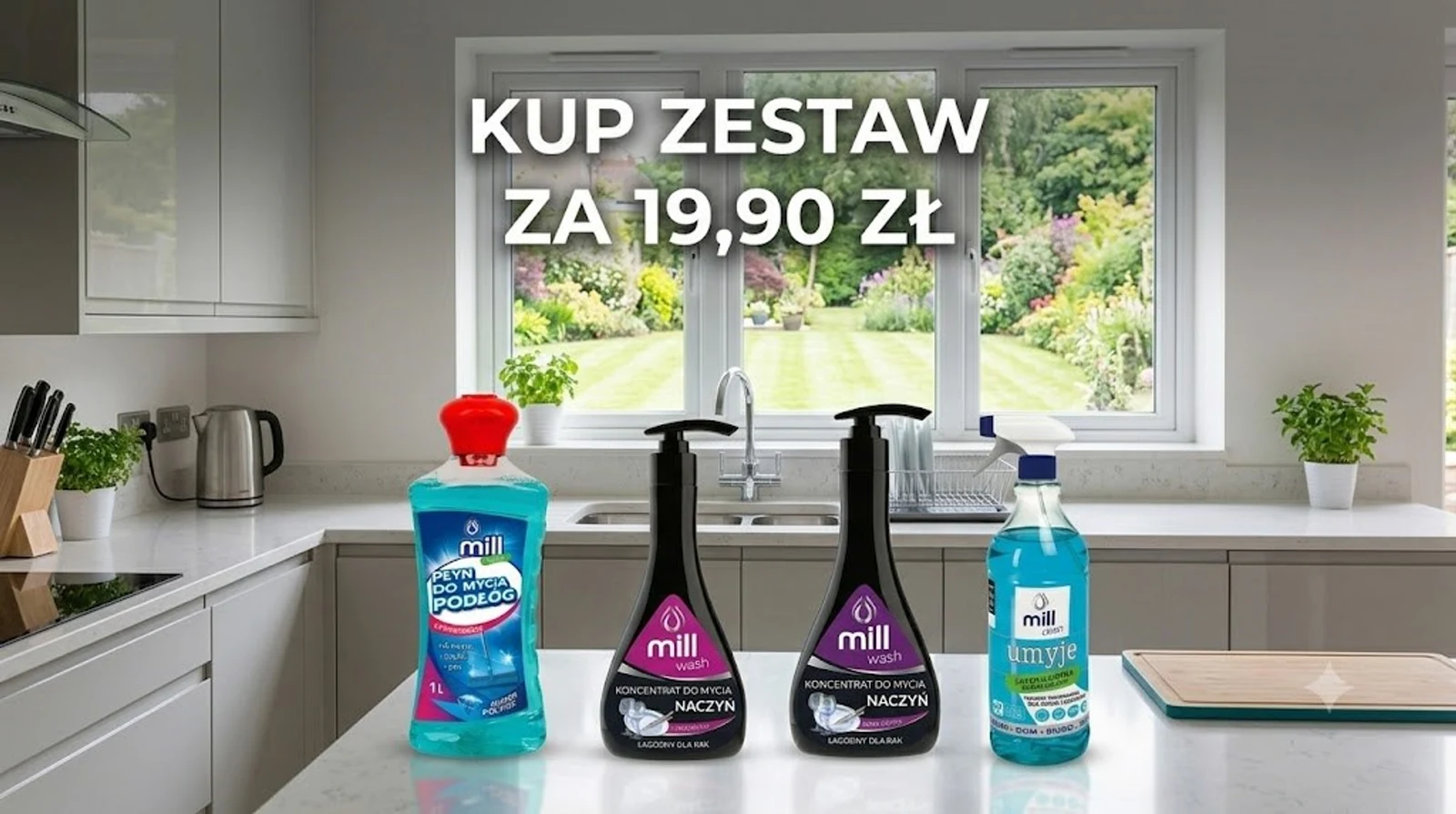 Zestaw do czyszczenia: Płyn do podłóg Mill, Koncentrat do naczyń, Balsam myjący Naczynia, Płyn do szyb