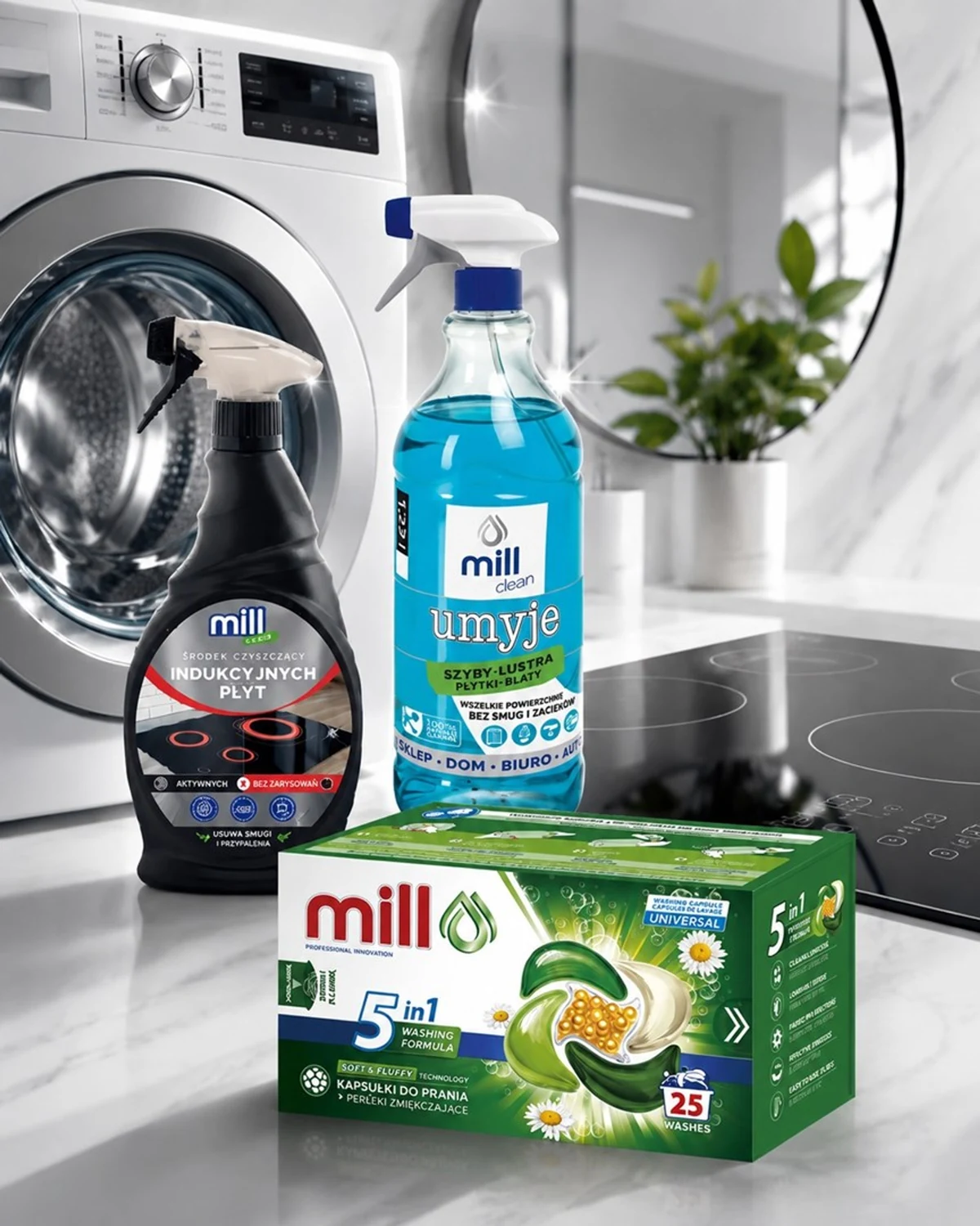 Zestaw: MILL PRO Kapsułki do prania+Płyn do szyb+Środek do płyt indukcyjnych