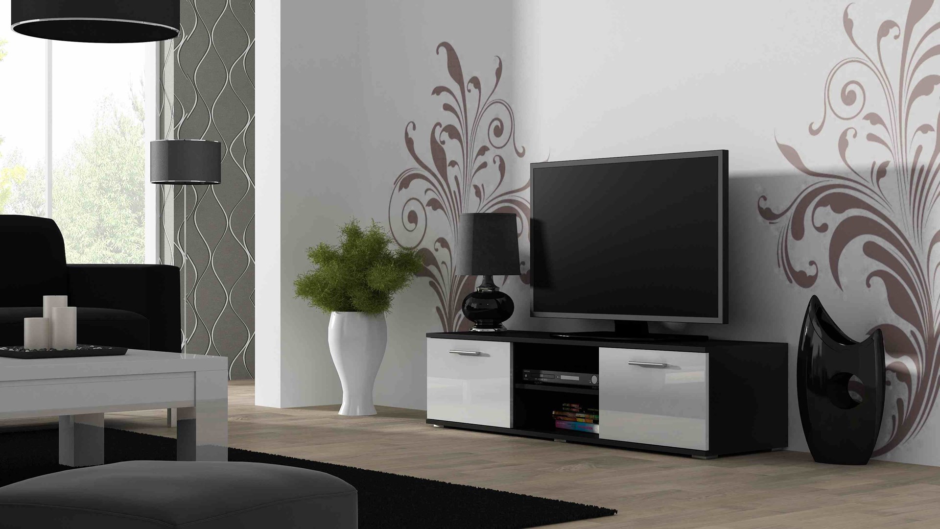Szafka RTV SOHO 140 czarny/biały połysk — zdjęcie 1 z 3