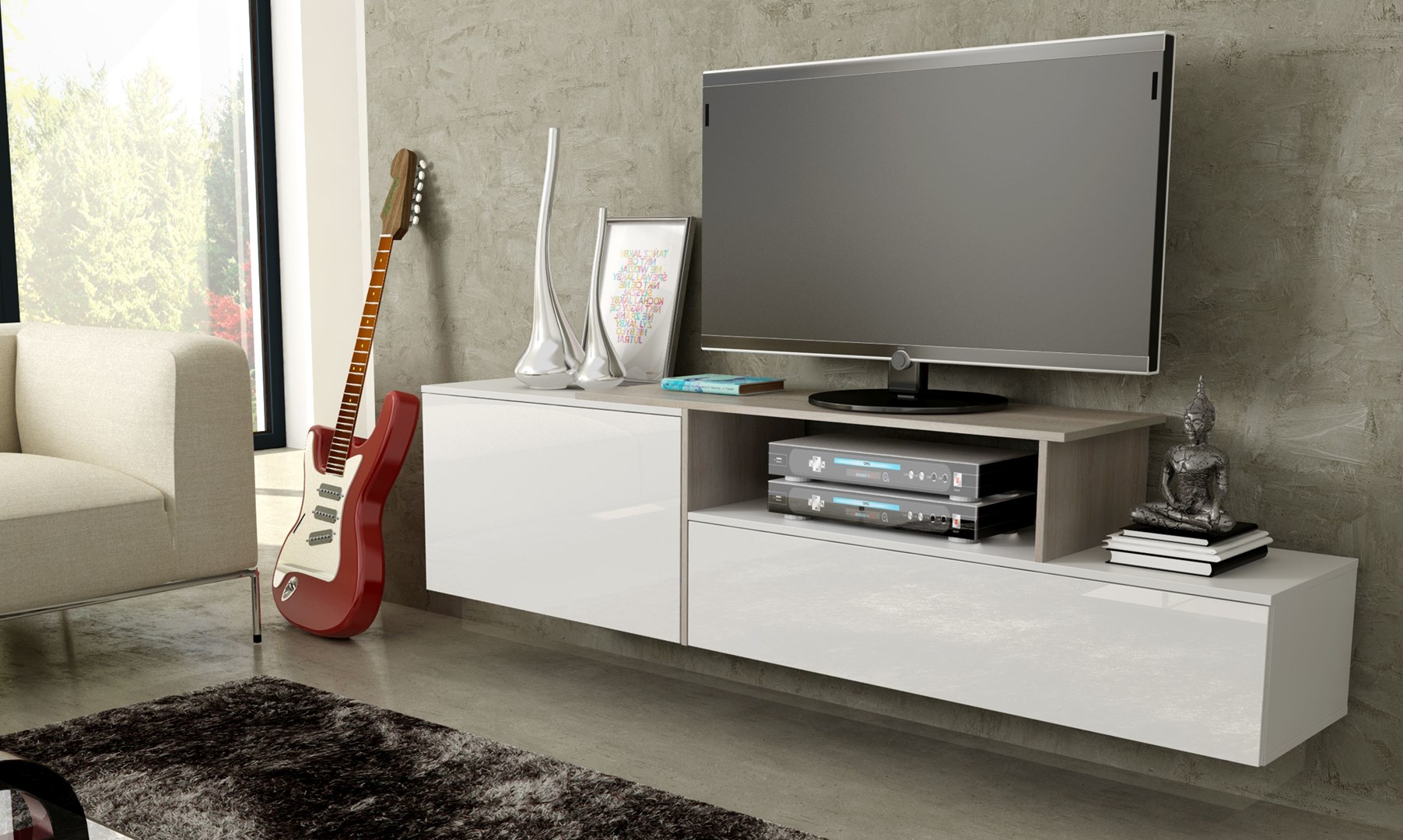 Szafka RTV SIGMA3 180 biały/biały połysk + sonoma — zdjęcie 1 z 5