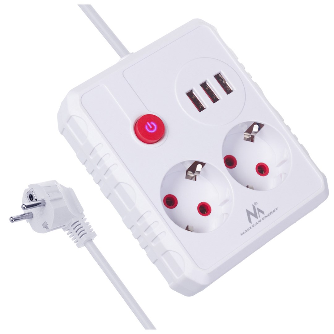 MACLEAN MCE387 W - Listwa zasilająca 2 gniazda + 3xUSB, 2.1A, 1.5m, Biała — zdjęcie 1 z 8