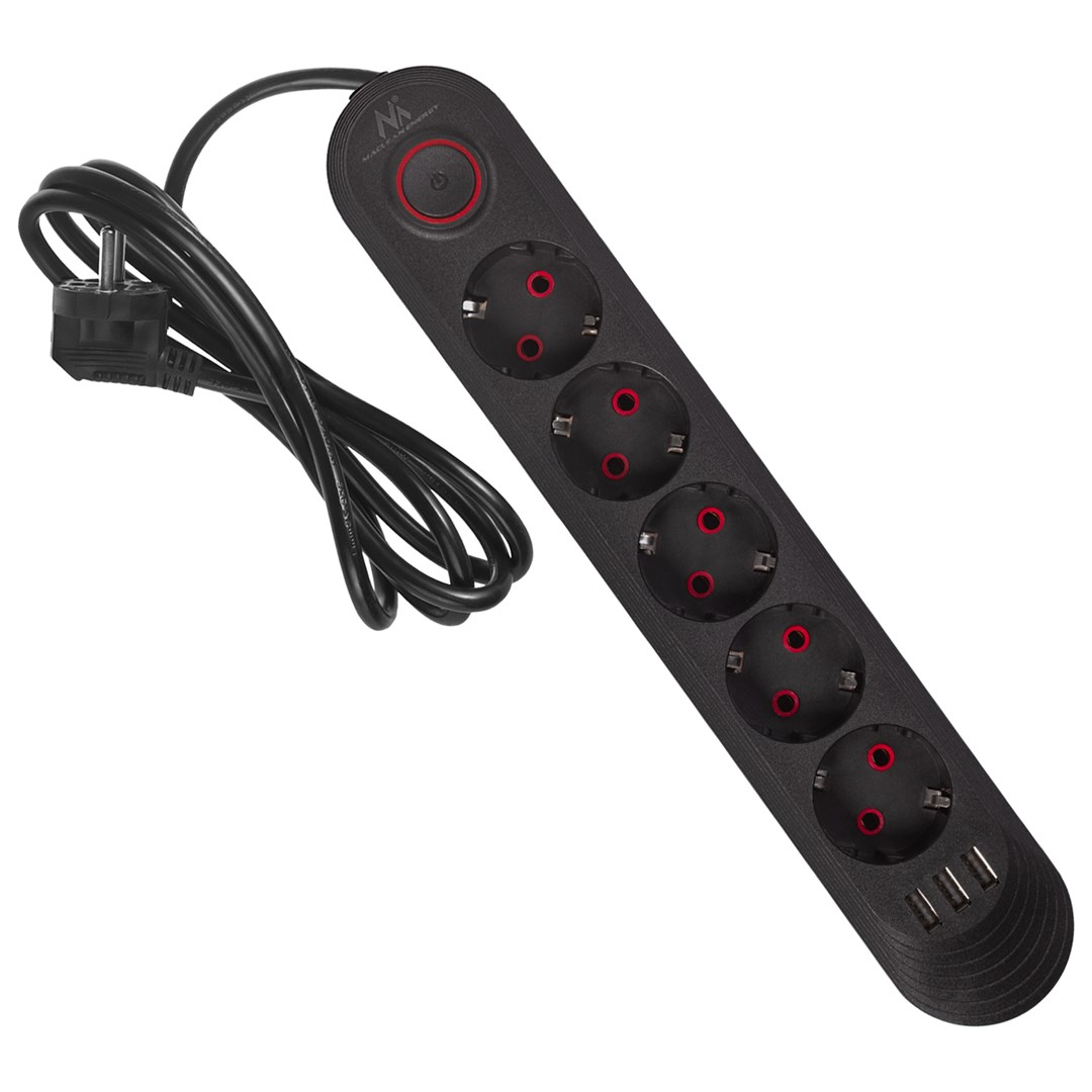 MACLEAN MCE395 B - Listwa zasilająca 5 gniazd + 3 USB, 1,5m — zdjęcie 1 z 8