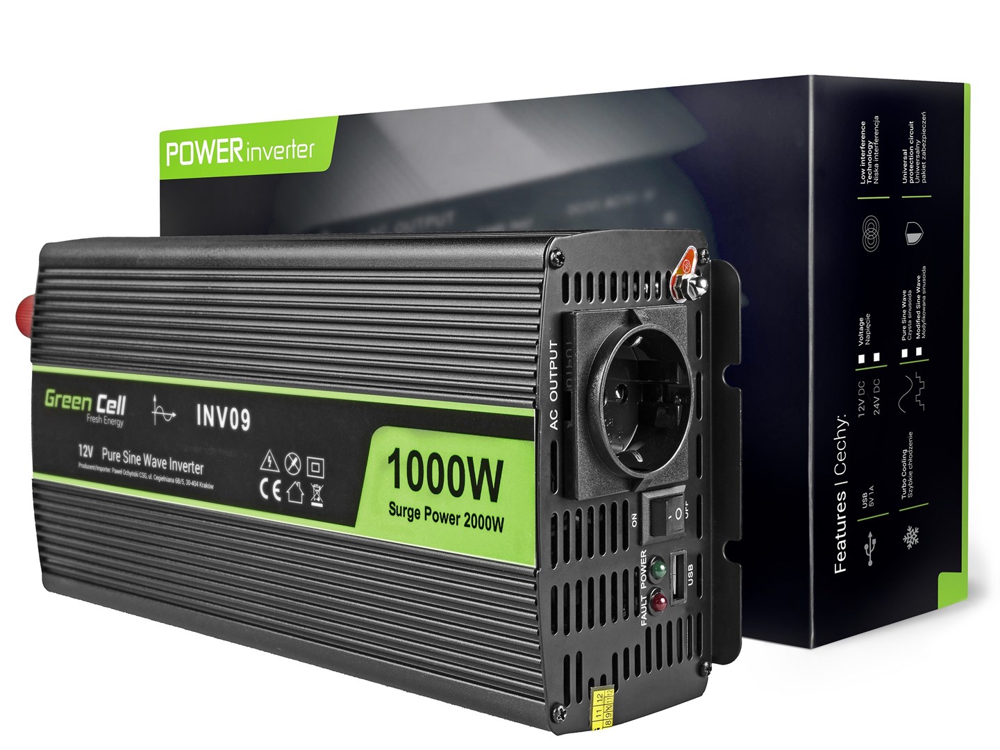 GREEN CELL PRZETWORNICA INV09 12V-230V 1000W/2000W — zdjęcie 1 z 5