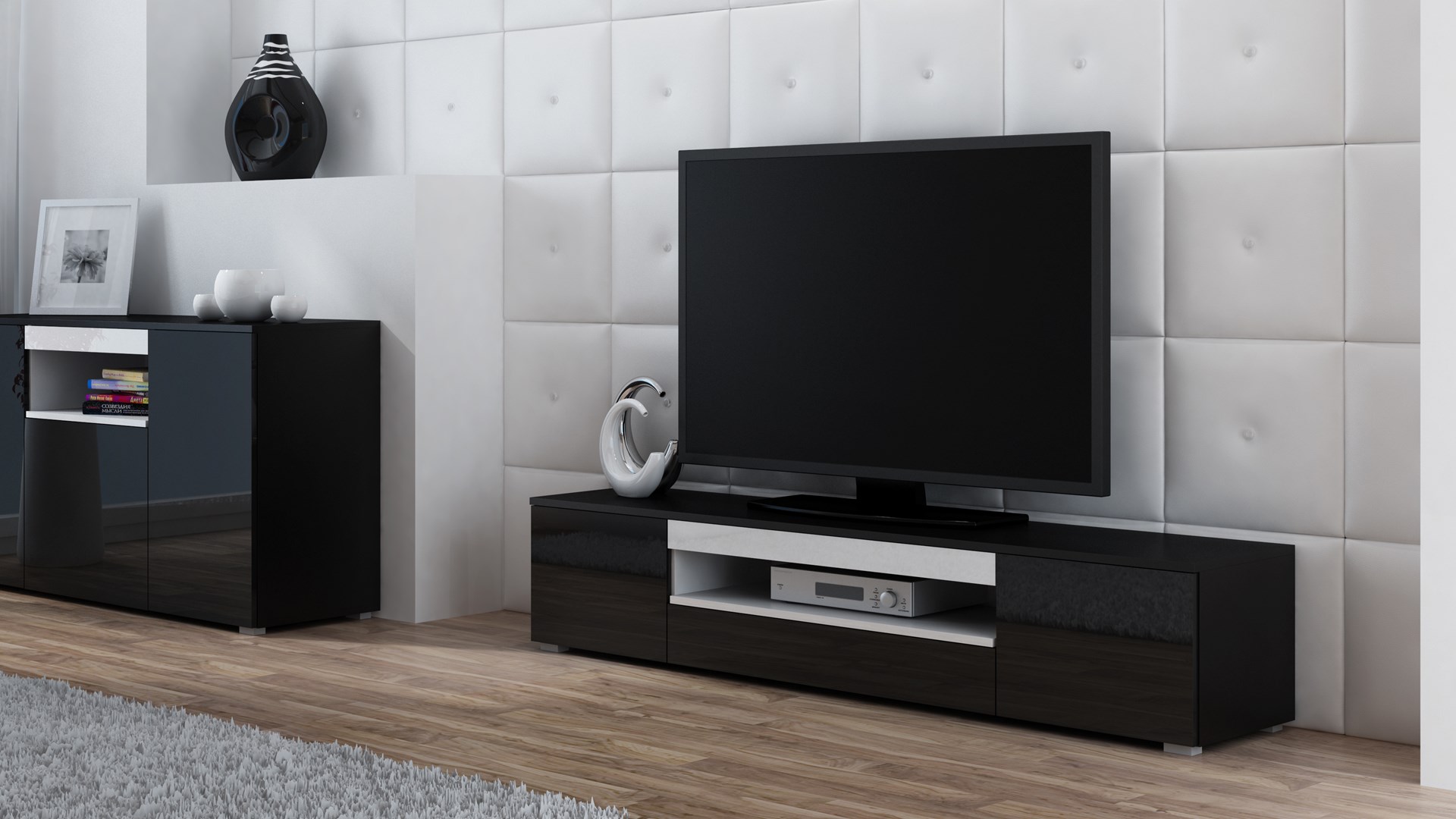 Szafka RTV VIVA 180 czarny/czarny połysk+biały — zdjęcie 1 z 4