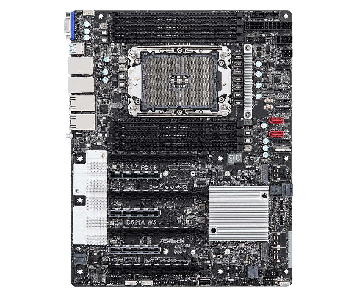ASROCK C621A WS 1xLGA4189 Socket (Socket P+), 8xDDR4 3200 RDIMM/LRDIMM, 4xPCIe 4.0x16, 3xPCIe 4.0x8, 1xD-Sub, 2xSATA3, 1xMini-SAS HD, 1xUltra M.2 Socket, 1xM.2 Socket, 2x USB3.2 type-C, 6xUSB3.2 Gen1, 3xUSB2.0, 2x10 GbE LAN(Intel® X710-AT2), 2x1 GbE LAN(I — zdjęcie 1 z 5