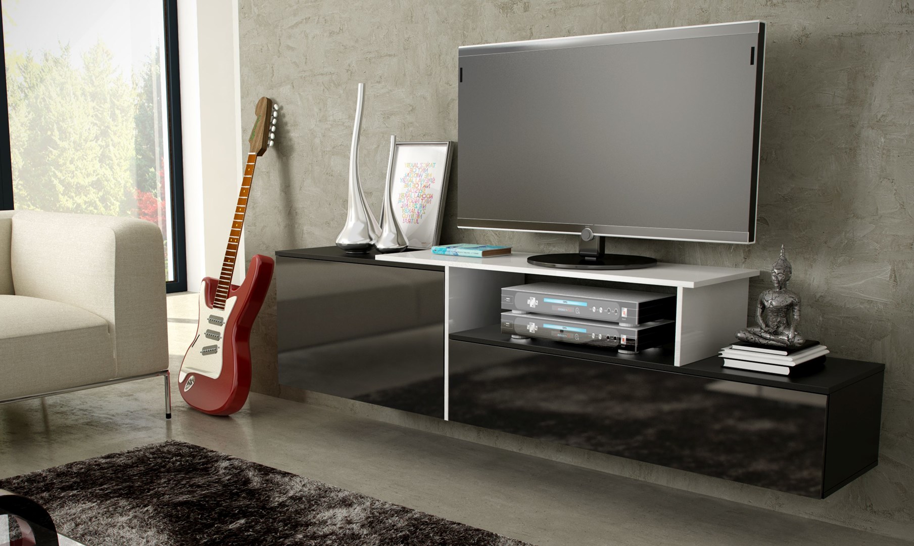 Szafka RTV SIGMA3 180 czarny/czarny połysk + biały — zdjęcie 1 z 5