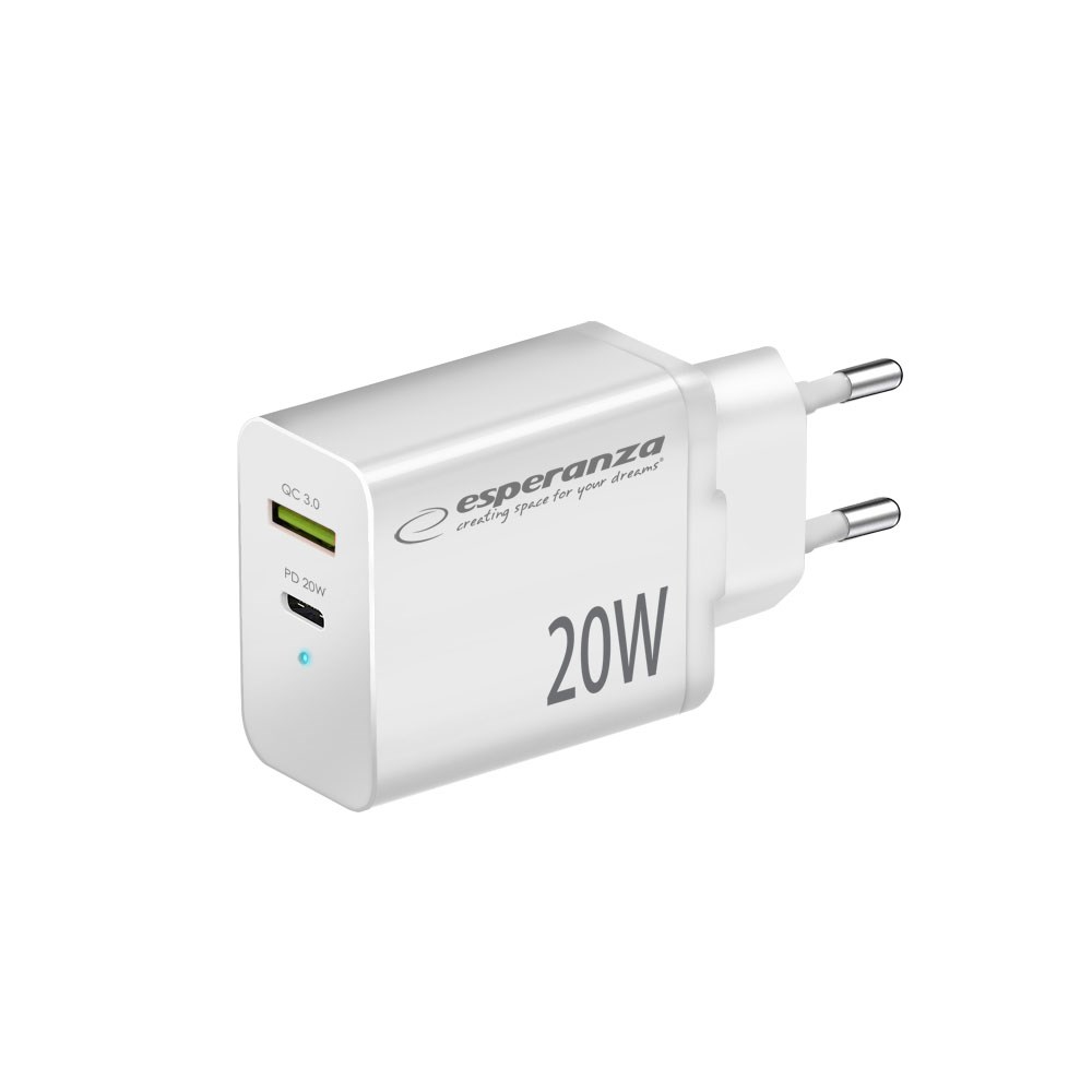 ESPERANZA ŁADOWARKA SIECIOWA 20W USB-C PD 20W / USB-A QC 3.0 18W BIAŁA — zdjęcie 1 z 5
