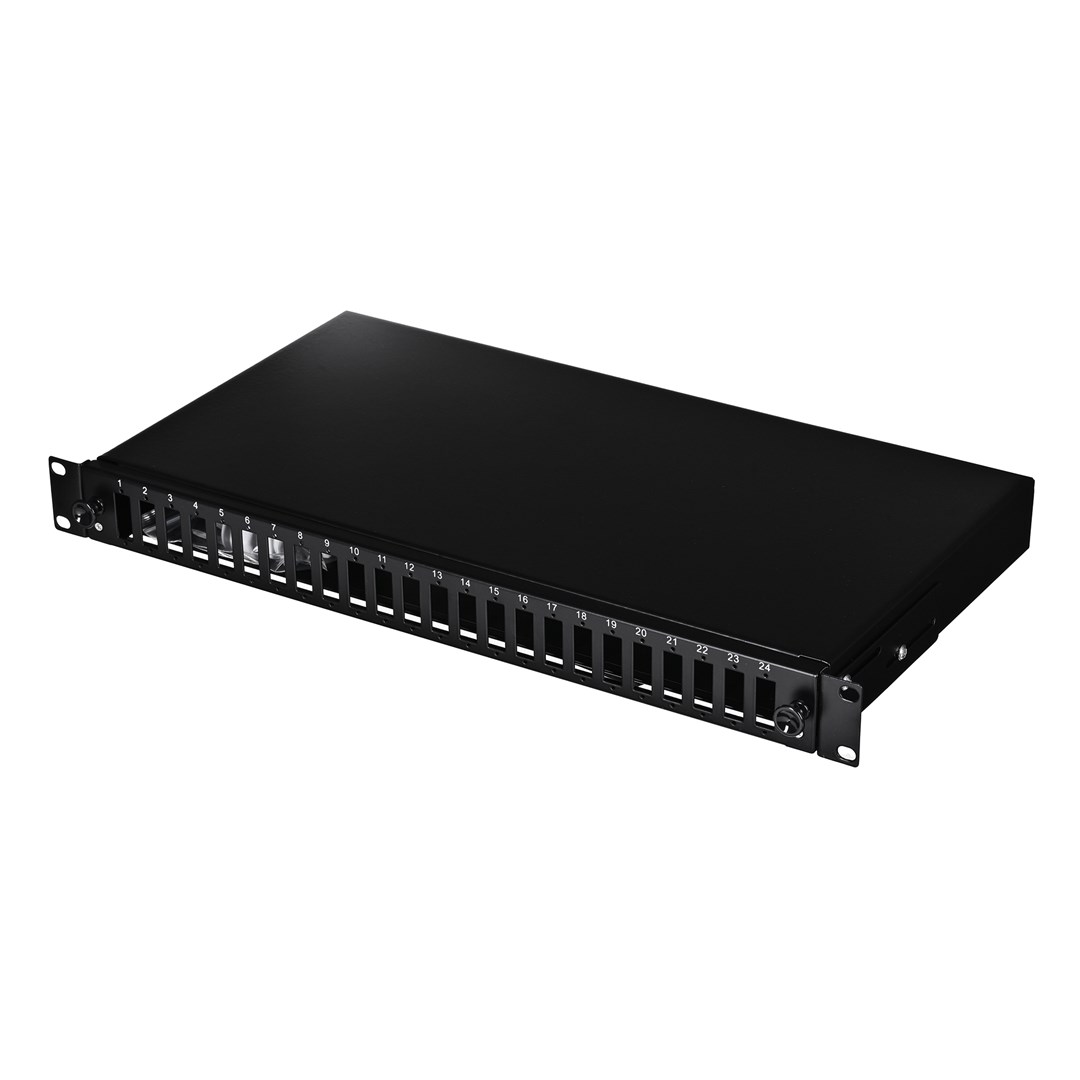 Alantec Przełącznica światłowodowa 24xSC duplex / 24xLC quad 19" 1U z płytą czołową oraz akcesoriami montażowymi (dławiki, opaski), wysuwalna (FOP-1U-24SCD-C) — zdjęcie 1 z 3