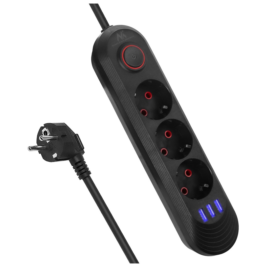MACLEAN MCE394 B - Listwa zasilająca 3 gniazdą + 3 USB, 2500W — zdjęcie 1 z 8