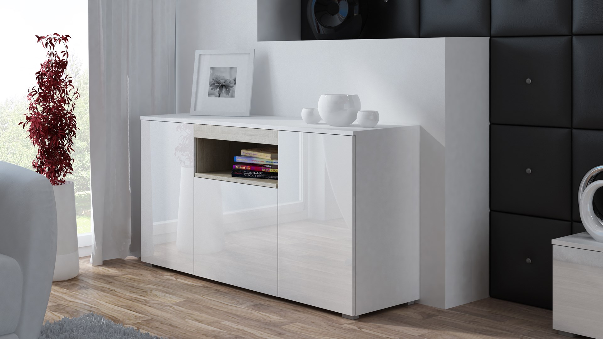 Komoda VIVA 150 biały/biały połysk+dęb sonoma — zdjęcie 1 z 4