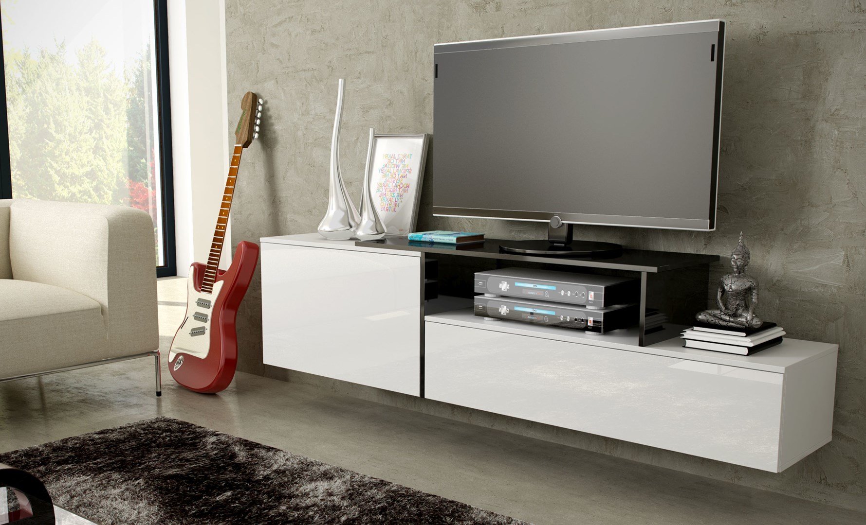 Szafka RTV SIGMA3 180 biały/biały połysk + czarny — zdjęcie 1 z 5