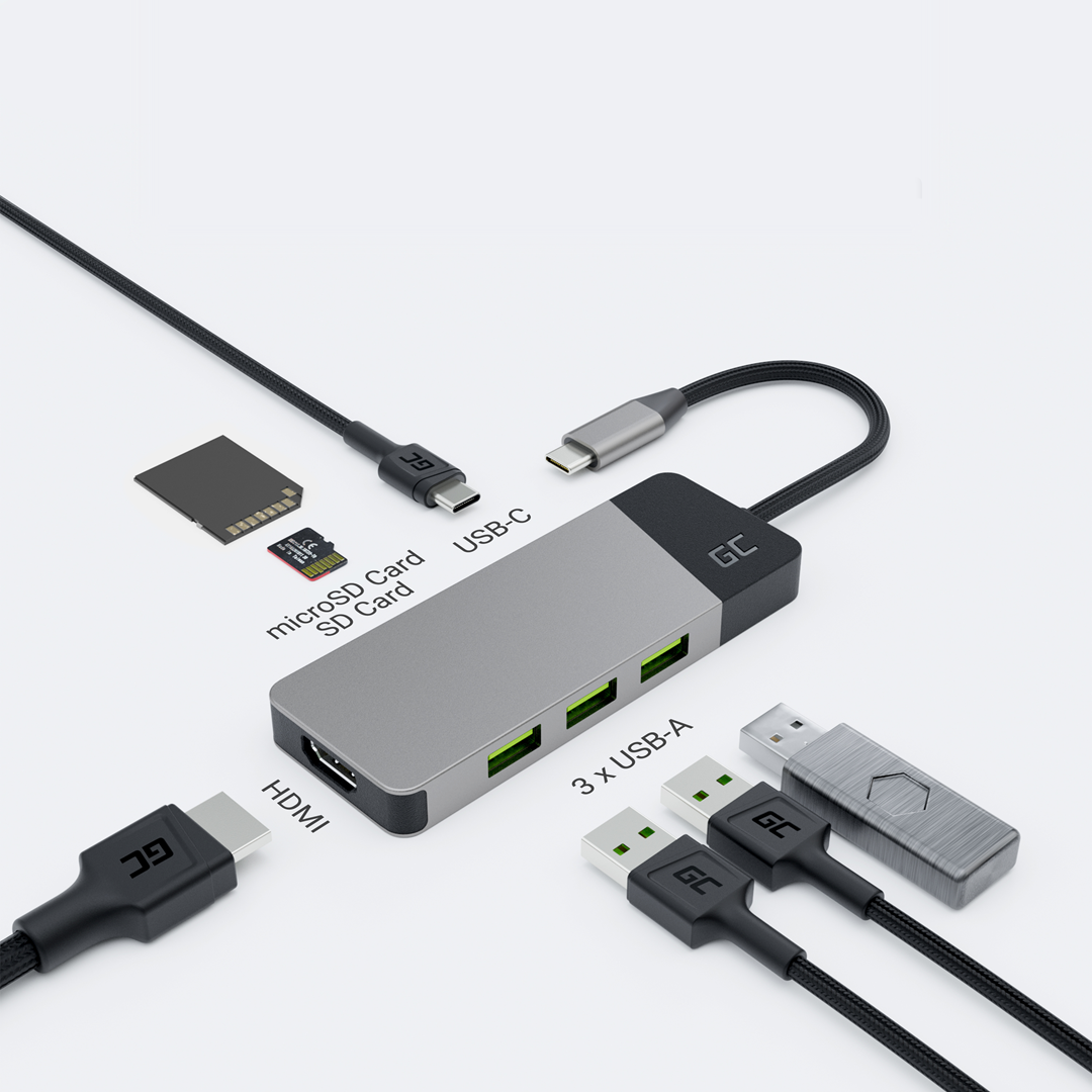 GREEN CELL HUB USB-C ADAPTER GC CONNECT 7W1 - 3 USB 3.1, HDMI 4K, USB-C PD 85W — zdjęcie 1 z 7