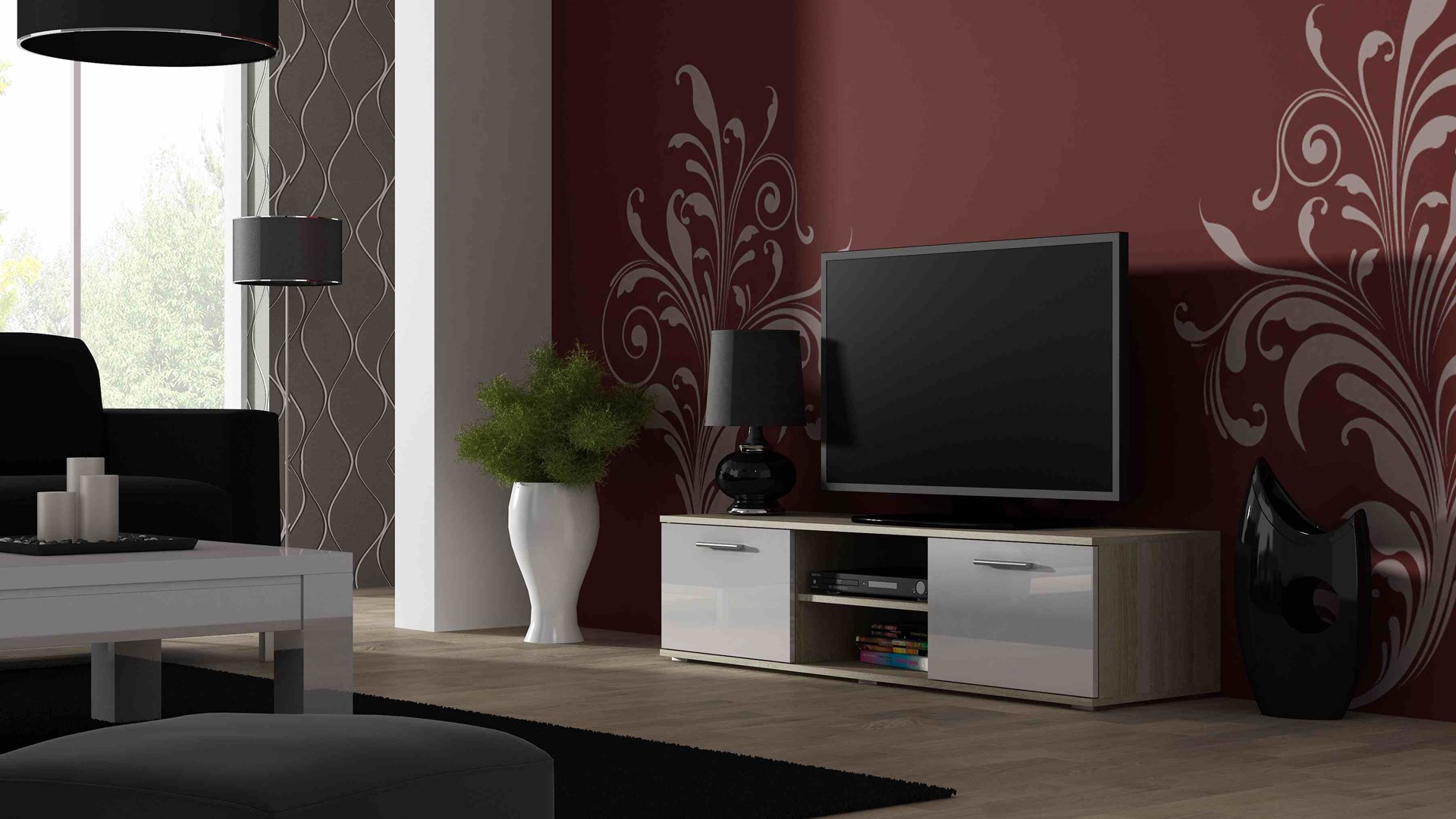 Szafka RTV SOHO 140 dąb sonoma/ biały połysk — zdjęcie 1 z 3