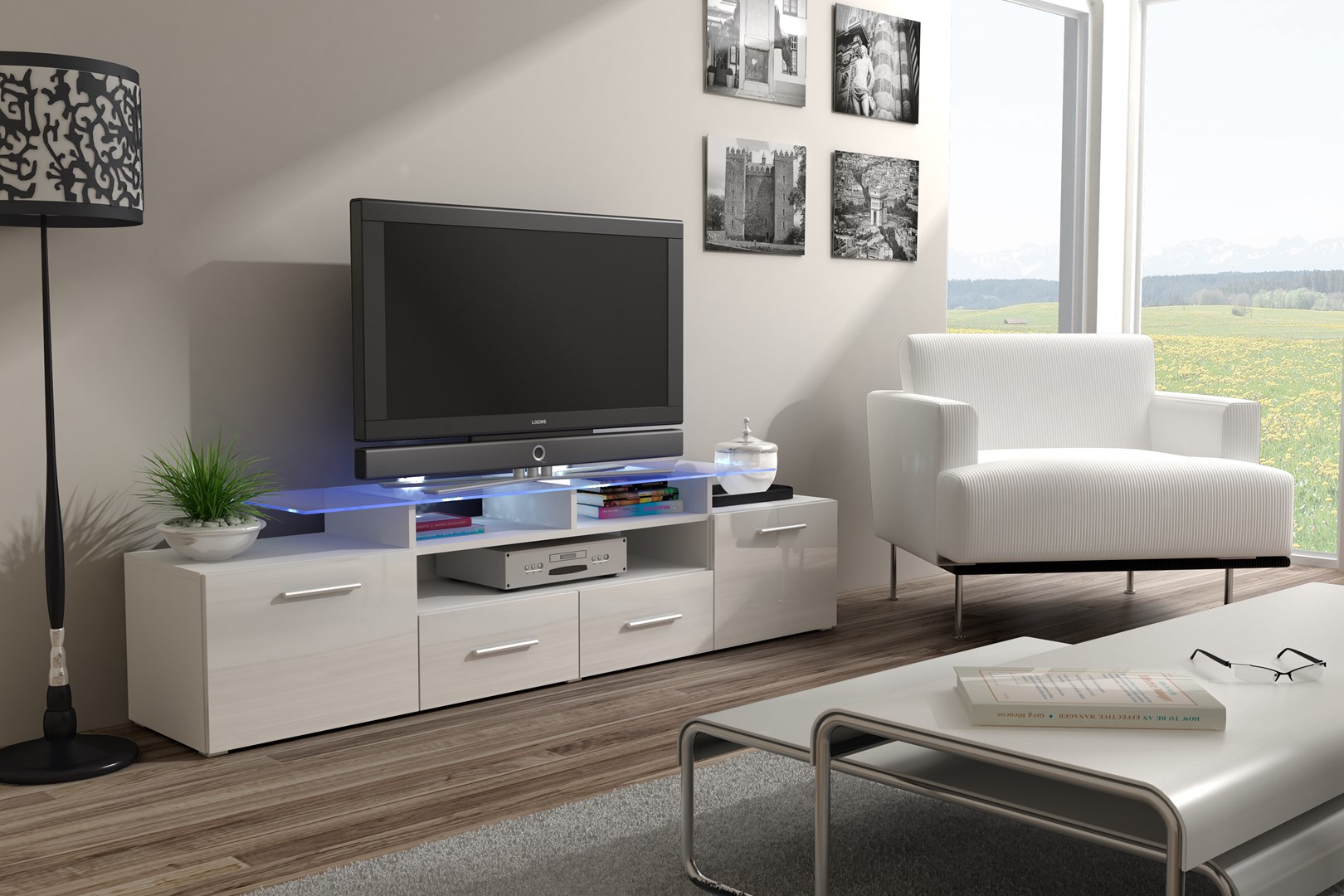 Szafka RTV EVORA 200 biały/biały połysk — zdjęcie 1 z 2