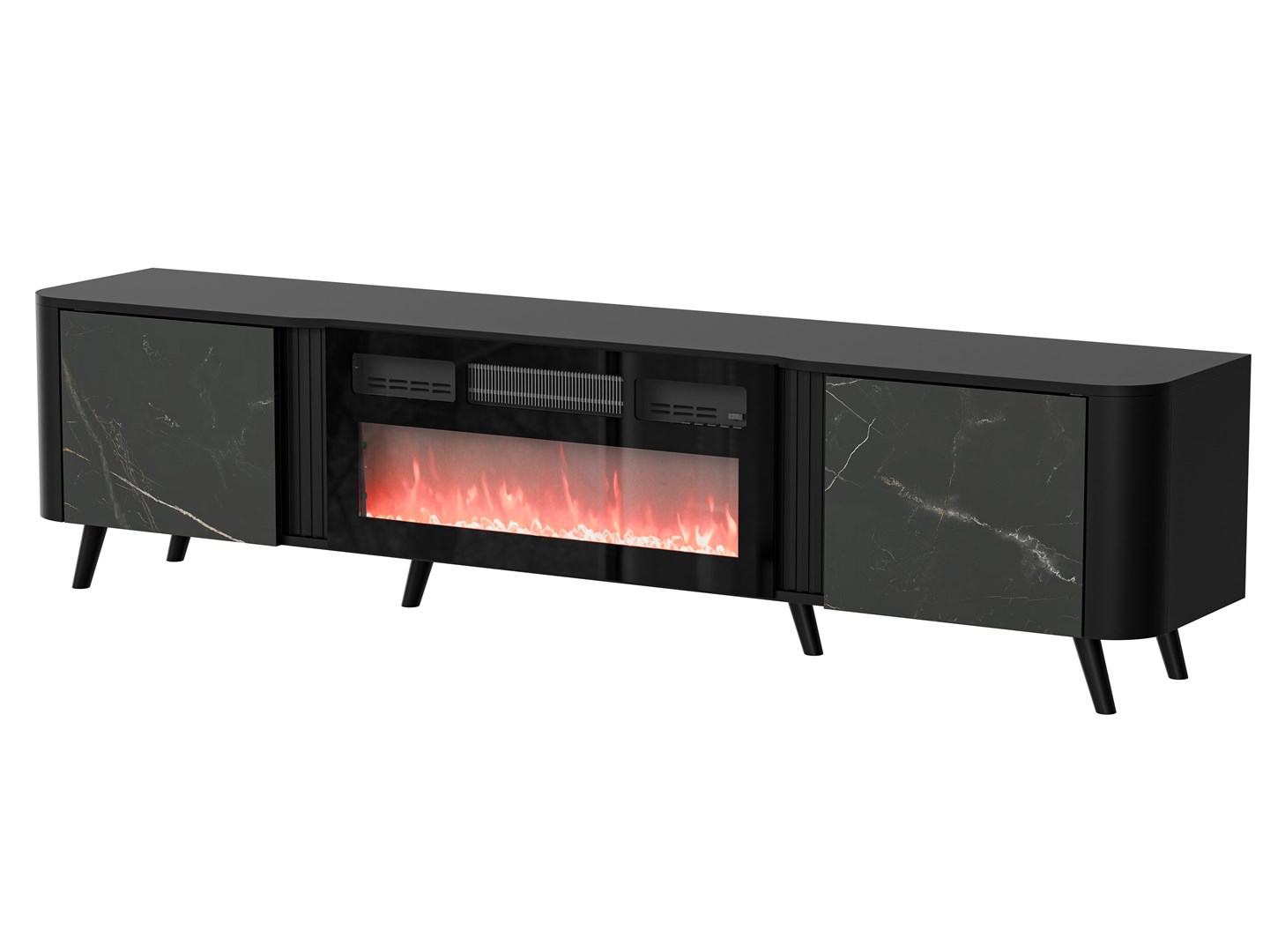 Szafka RTV VOLARE 200x39x49 czarny/san sebastian + kominek — zdjęcie 1 z 3