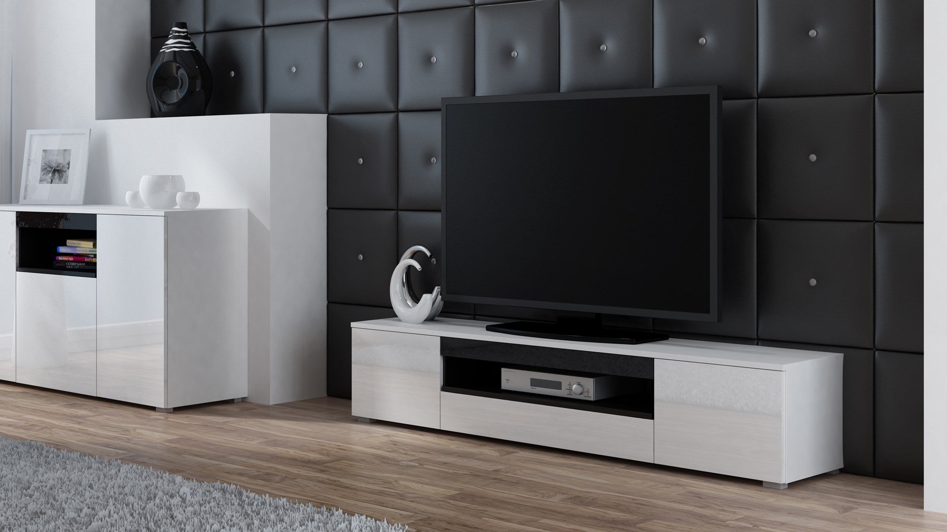 Szafka RTV VIVA 180 biały/biały połysk+czarny — zdjęcie 1 z 4