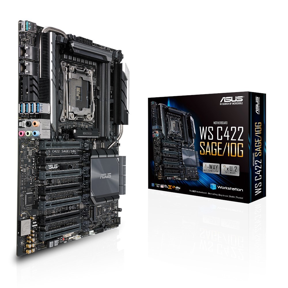 ASUS WS C422 SAGE/10G, Intel C422,  1x Intel Socket 2066, 8x DDR4 2666 RDIMM/LRDIMM, 7 x PCIe 3.0, VIDIA 4-Way SLI/AMD 4-Way CrossFireX, 1x M.2 Socket 3, 8x SATA, 2x U.2, 2 x 10Gb Intel X550-AT2, Realtek ALC S1220A 7.1, 6x USB 3.1 Gen 1, 3x USB 3.1 Gen 2, — zdjęcie 1 z 8