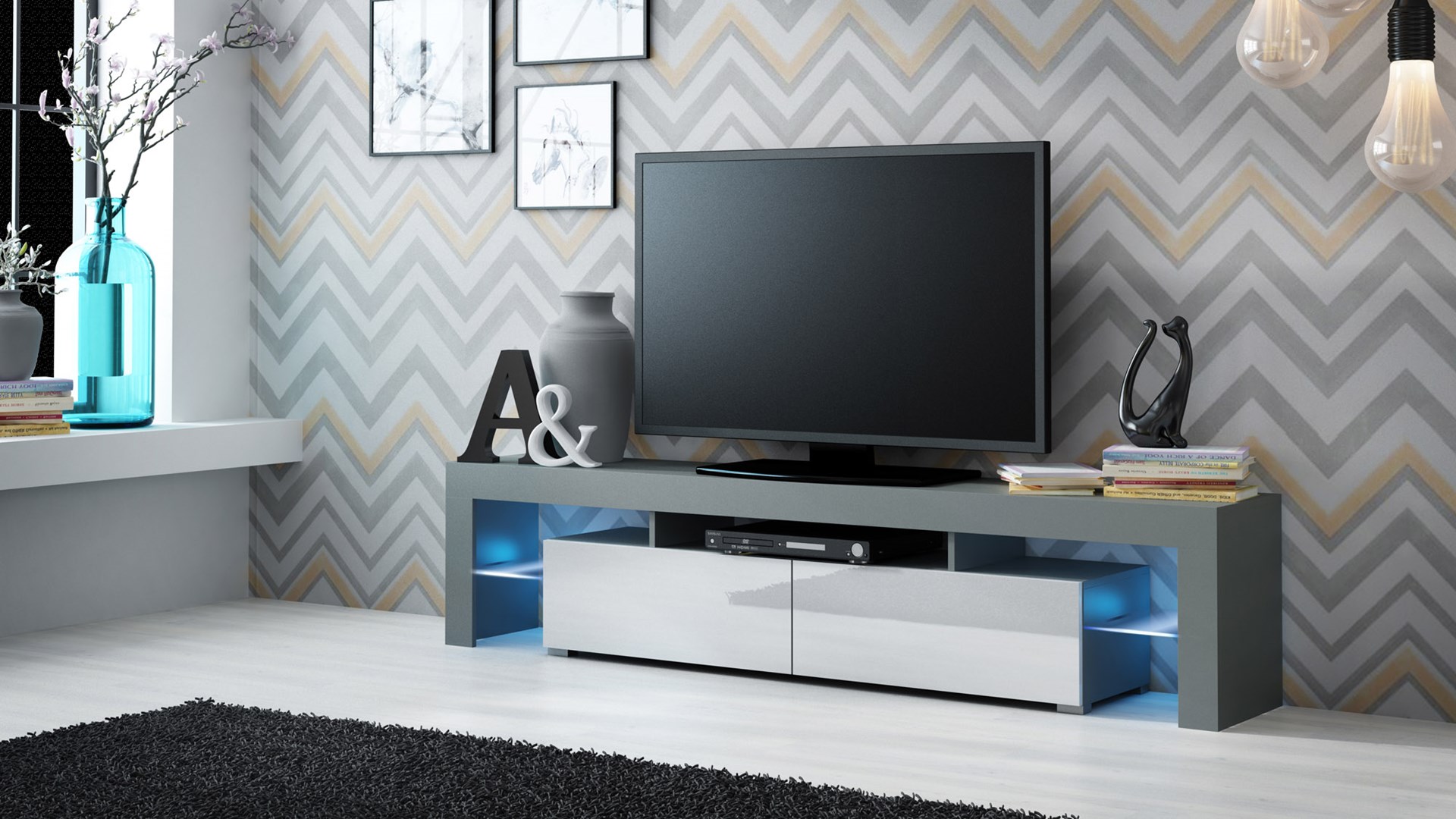 Szafka RTV SOLO 200x45x36 szary/biały połysk — zdjęcie 1 z 2