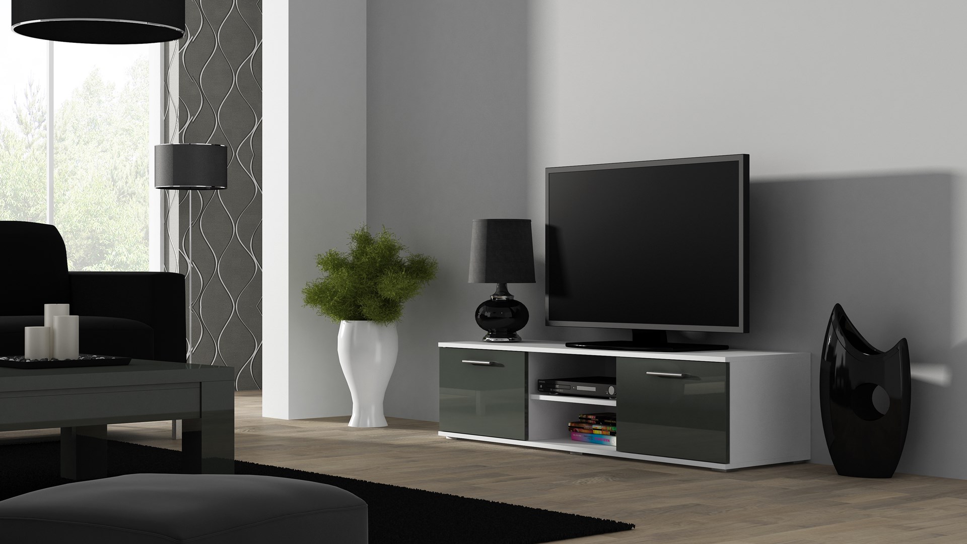 Szafka RTV SOHO 140 biały/szary połysk — zdjęcie 1 z 3