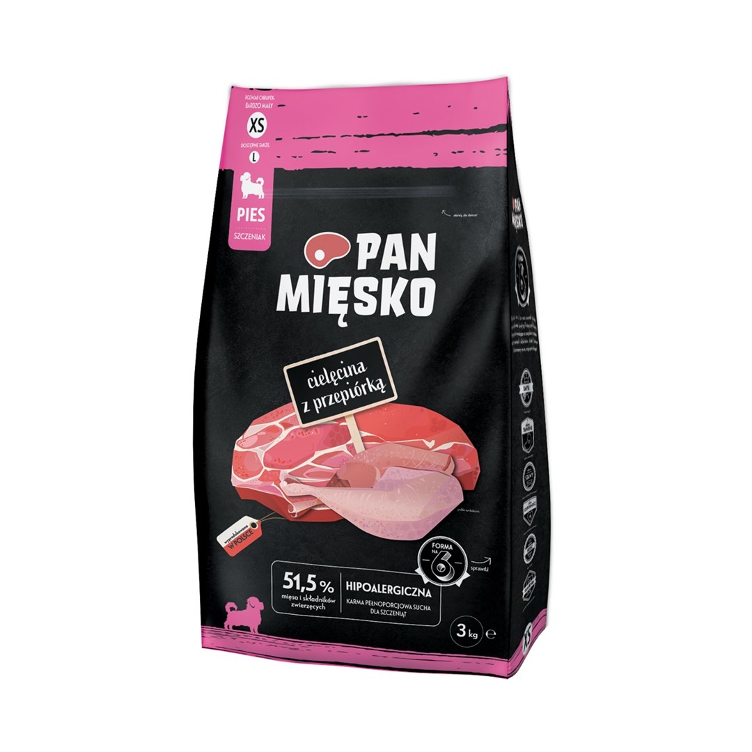 Pan Mięsko Cielęcina z przepiórką sucha karma XS 3kg
