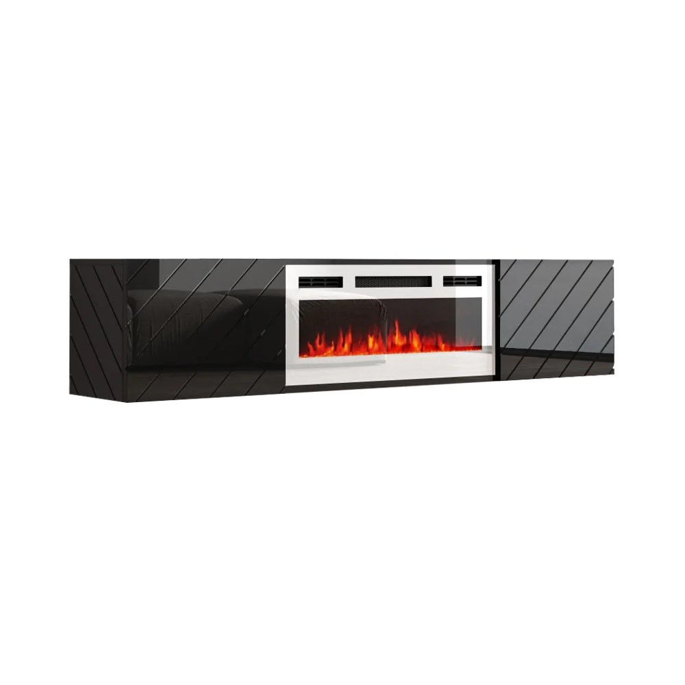 Szafka RTV LUXE 182,6x34,5x37,5 czarny/czarny połysk + biały kominek — zdjęcie 1 z 4