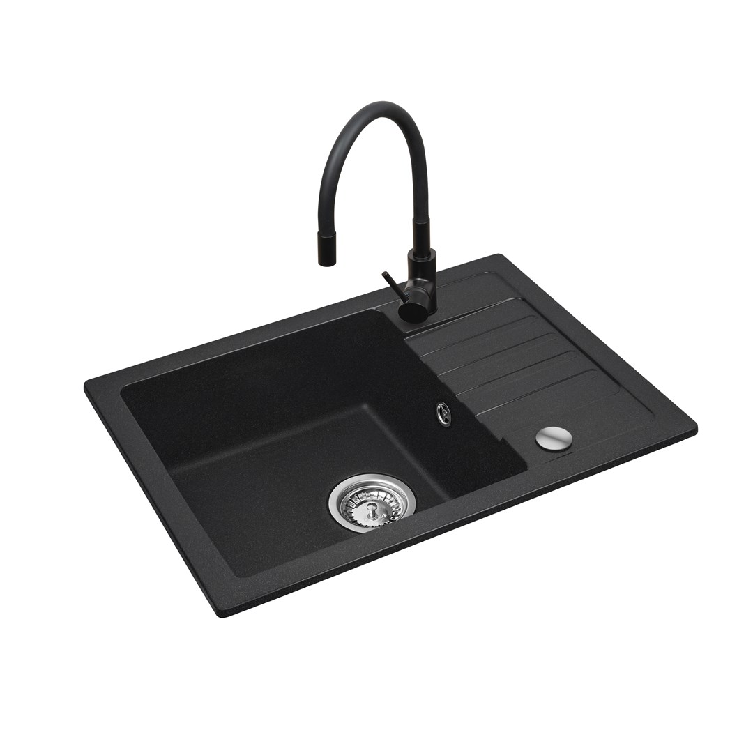 Czarny zestaw zlewozmywak z baterią giętką - zlew MAIDSINKS BALI (62x44) 1B1D czarny + bateria Flessi Black Edition czarna — zdjęcie 1 z 5