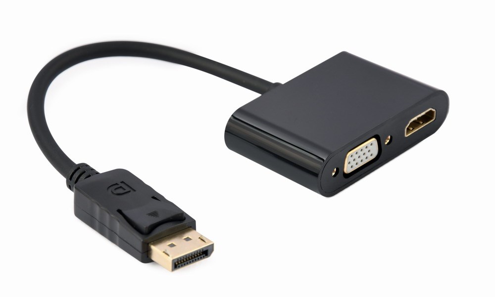GEMBIRD ADAPTER NA KABLU DISPLAYPORT MĘSKI NA ŻEŃSKI HDMI + ŻEŃSKI VGA CZARNY, 10CM — zdjęcie 1 z 2
