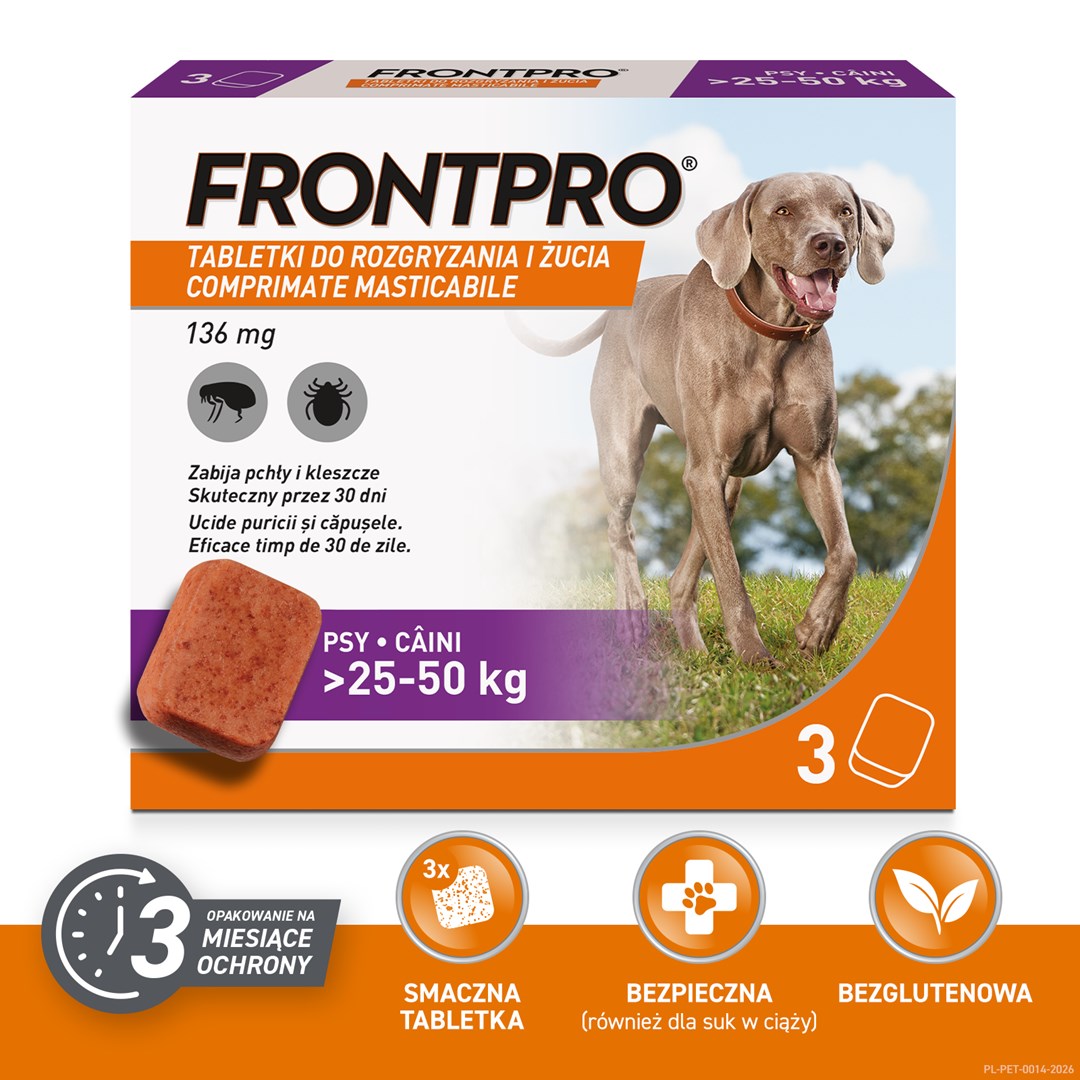 FRONTPRO Tabletki na pchły i kleszcze dla psa (>25-50 kg) - 3x 136mg — zdjęcie 1 z 7