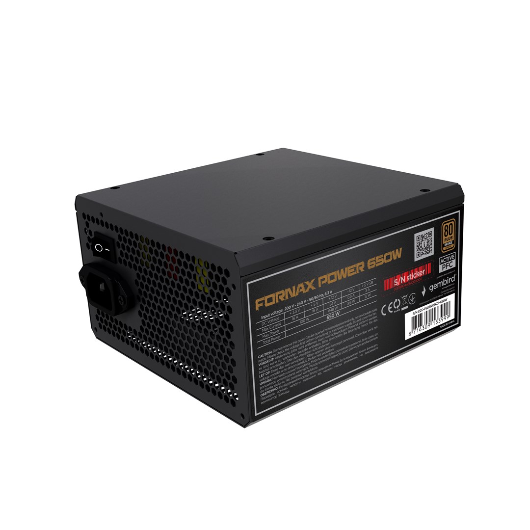GEMBIRD ZASILACZ KOMPUTEROWY FORNAX POWER 650W 80+BRONZE ATX, 650W, AKTYWNE PFC, 12CM WENTYLATOR — zdjęcie 1 z 8