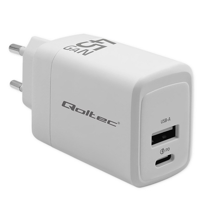QOLTEC ŁADOWARKA 45W GAN | 5-20V | 1.5-3A | 1XUSB-C PD | 1XUSB QC 3.0 | BIAŁA — zdjęcie 1 z 8