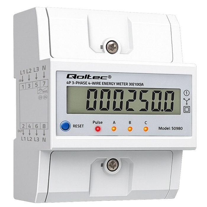QOLTEC LICZNIK ENERGII TRÓJFAZOWY NA SZYNĘ DIN | 400V | 100A | LCD | LED | 4P — zdjęcie 1 z 8