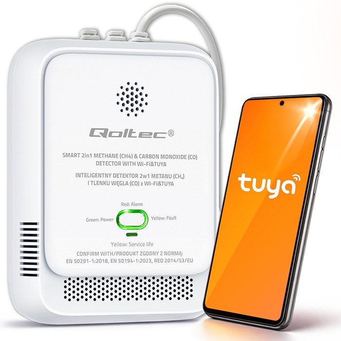 QOLTEC CZUJNIK WYCIEKU GAZU ZIEMNEGO I TLENKU WĘGLA (CZADU) | TUYA | WI-FI | ALARM 85DB | LED — zdjęcie 1 z 7