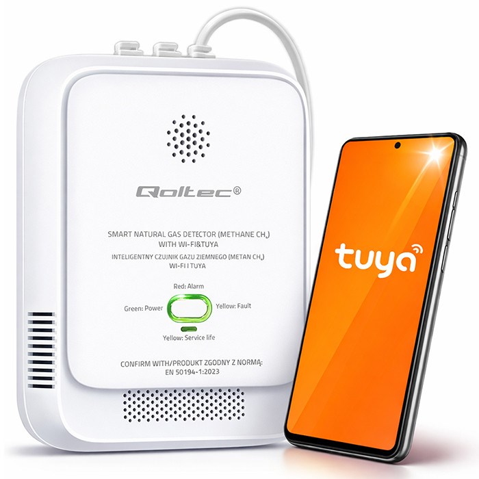 QOLTEC CZUJNIK WYCIEKU GAZU ZIEMNEGO | DETEKTOR CH4 | NG | TUYA | WI-FI | ALARM 85DB | LED — zdjęcie 1 z 8