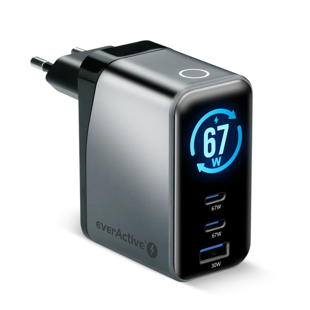EVERACTIVE ŁADOWARKA SIECIOWA GAN 1 X USB, 2 X USB-C QUICK CHARGE 4+ 67W CZARNA SC-670Q — zdjęcie 1 z 5