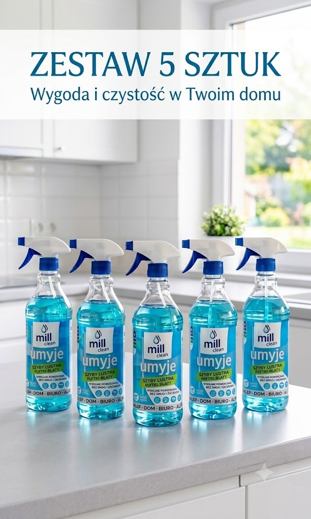 MILL CLEAN UMYJE Płyn do mycia szyb, luster, glazury, usuwa zabrudzenia, pozostawiając powierzchnie bez smug. 1,22l ( 4 sztuki+1 sztuka za 1 zł)