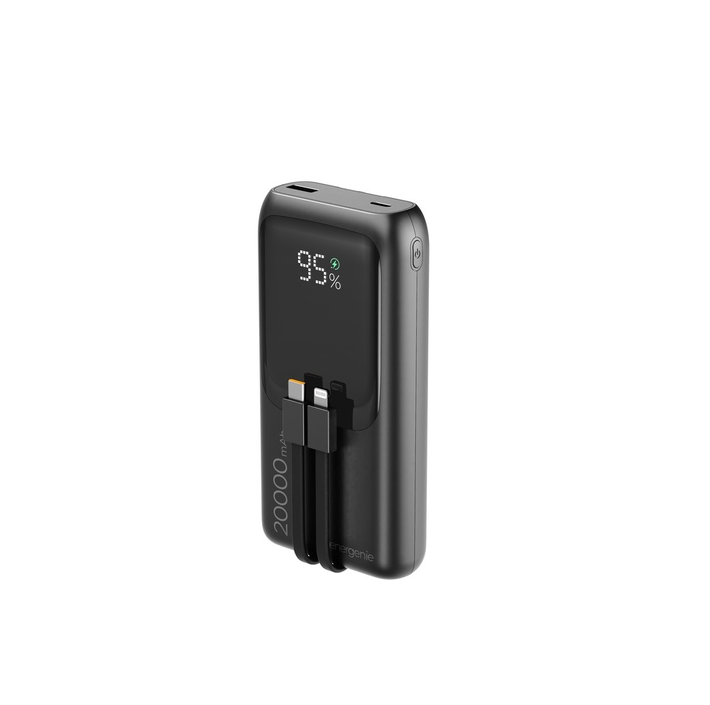 GEMBIRD POWERBANK O POJEMNOŚCI 20000MAH, SZYBKIE ŁADOWANIE 20W, WYŚWIETLACZ LCD, ZINTEGROWANE KABLE KOLOR CZARNY — zdjęcie 1 z 7