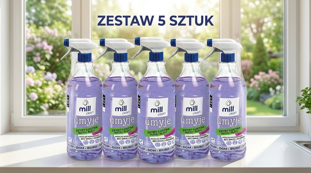 MILL CLEAN UMYJE Płyn do mycia szyb, luster, glazury o Zapachu Maciejki 1,22l ( 4 sztuki+1 sztuka za 1 zł)