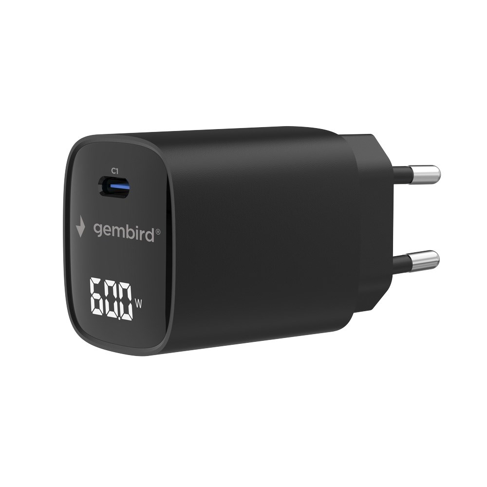 GEMBIRD 1-PORTOWA SZYBKA ŁADOWARKA SIECIOWA (PD) USB TYP - C, 60W, LCD, CZARNA — zdjęcie 1 z 5