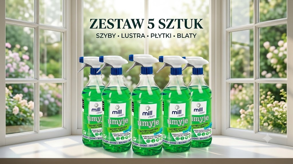 MILL CLEAN UMYJE Płyn do mycia szyb, szkła, luster, glazury bez smug i zacieków, o zapachu Konwalii  1,22l ( 4 sztuki+1 sztuka za 1 zł)