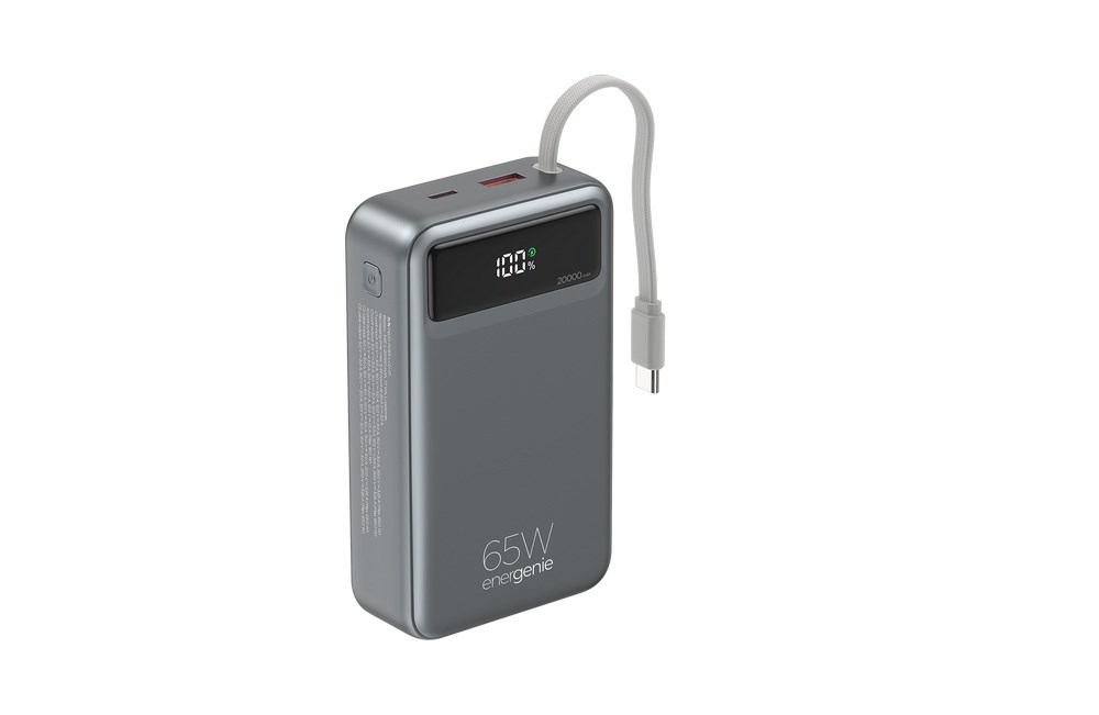 GEMBIRD POWERBANK Z SZYBKIM ŁADOWANIEM 65 W I ZINTEGROWANYMI KABLAMI 20000 MAH, CZARNY — zdjęcie 1 z 3